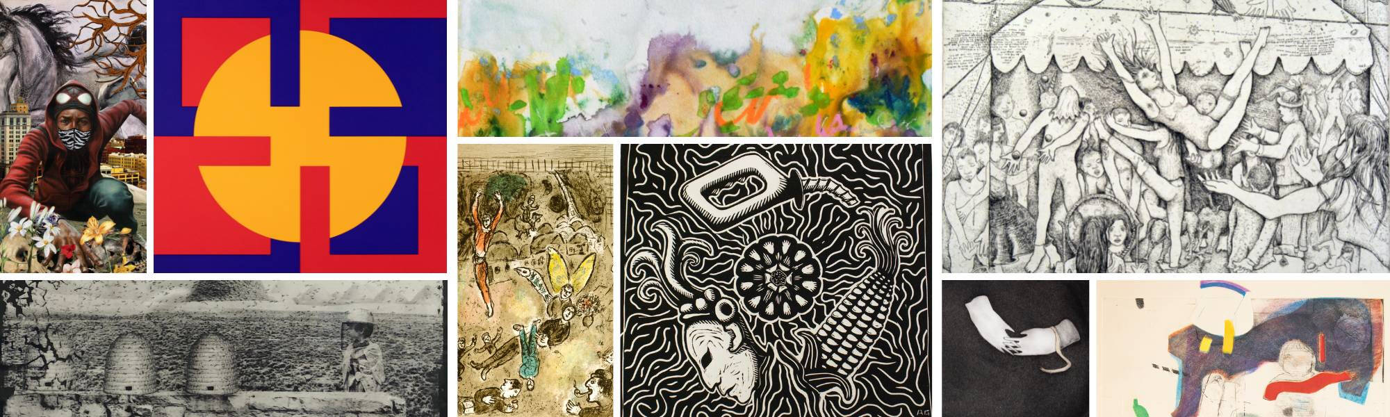 Collaged image that includes nine different examples of works on paper in the GVSU Art Museum Collection